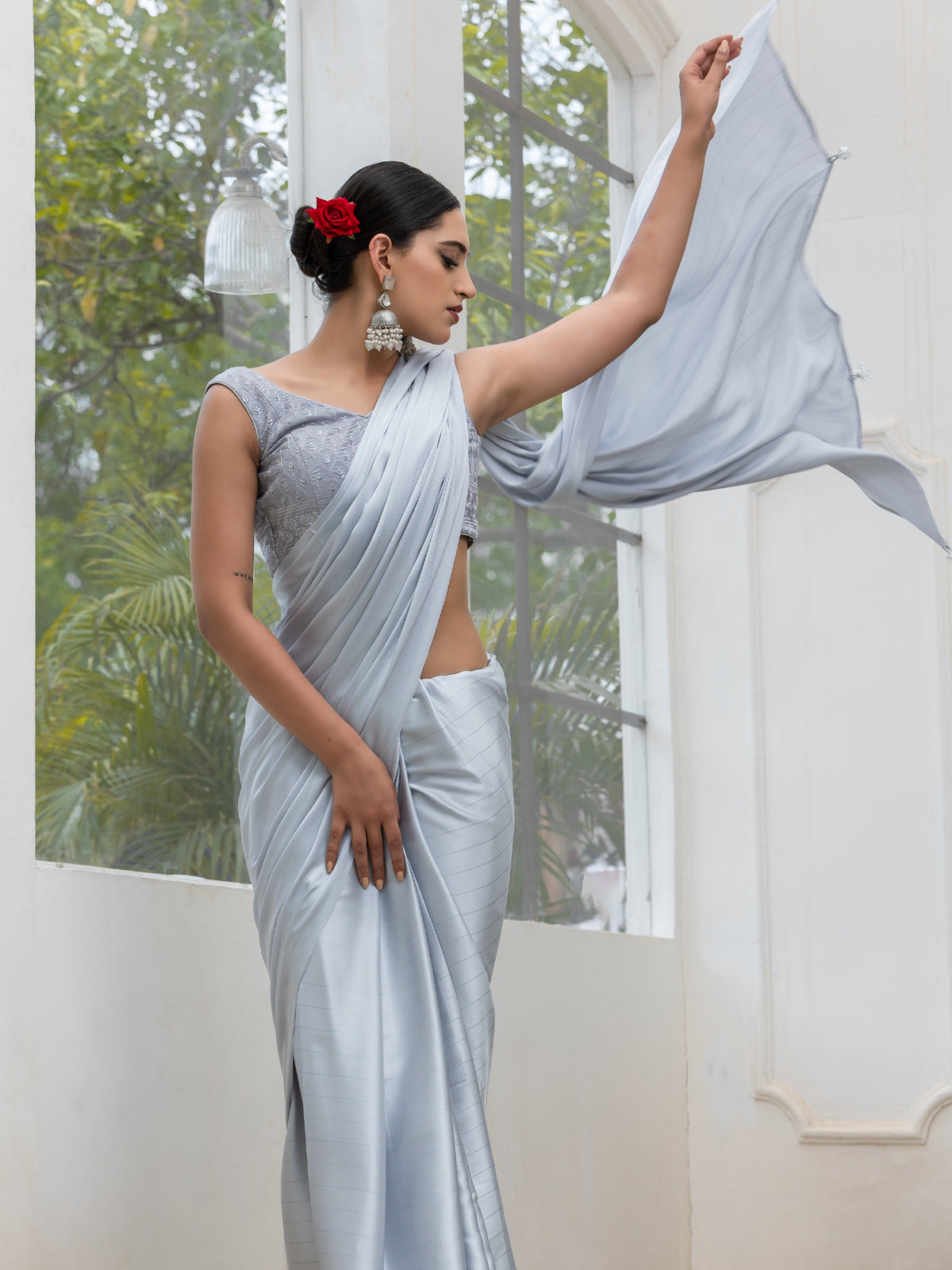 Ice grey stripe satin saree with embroidered blouse fabric — view 5