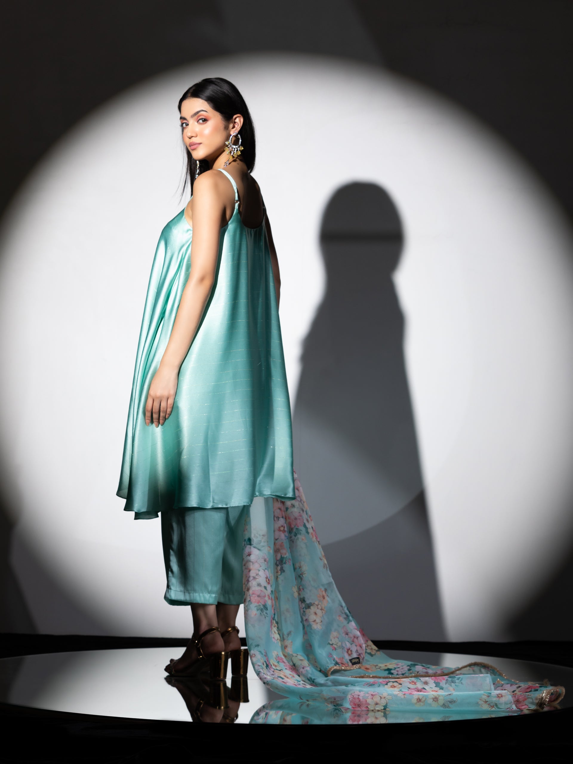 Women's Mint Stripe Satin Dress Set with Pants and Organza Printed Dupatta with Lace 3 Piece Set | Straight Fit, Round Neck, Sleeveless, Pants, Partywear, (Satin Organza)