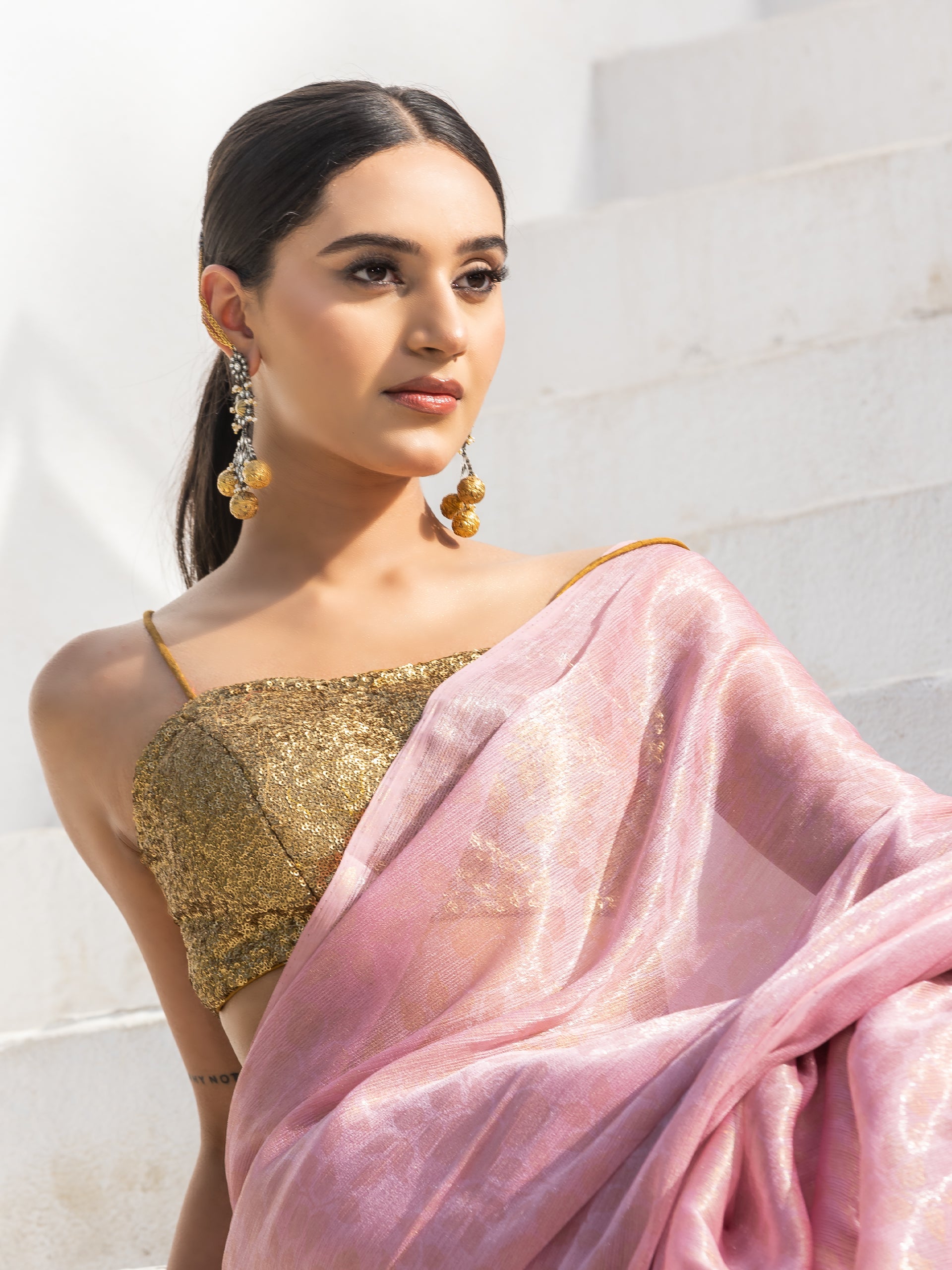 Pink with golden floral printed chiffon saree with pendants — view 5