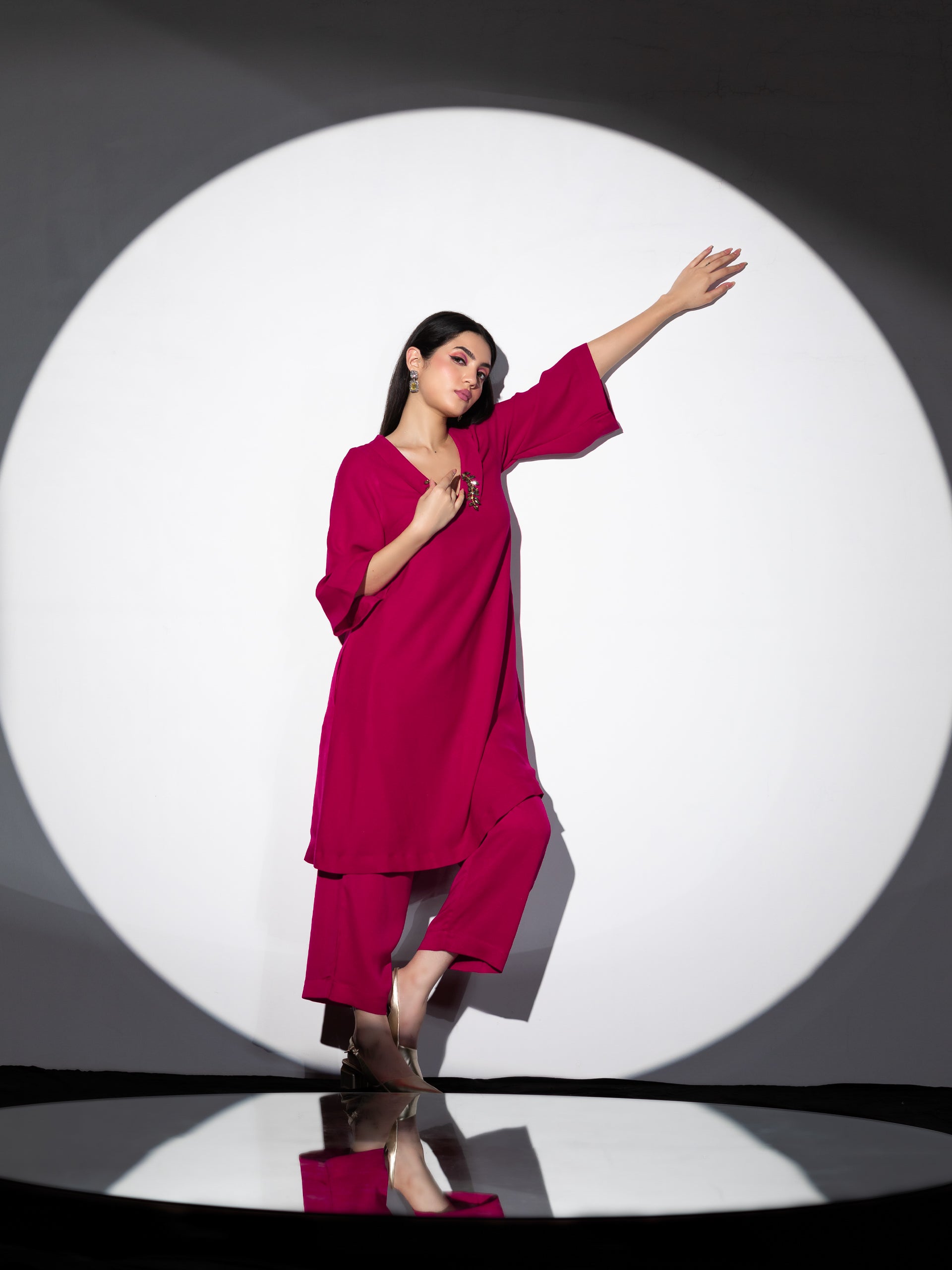 Women's Power Pink Korean Fabric Kurta Set with Glass Beads on Collar and Pants 2 Piece Set | Straight Fit, V Neck, 3/4 Sleeves, Pants, Festive Wear, (Korean Fabric)