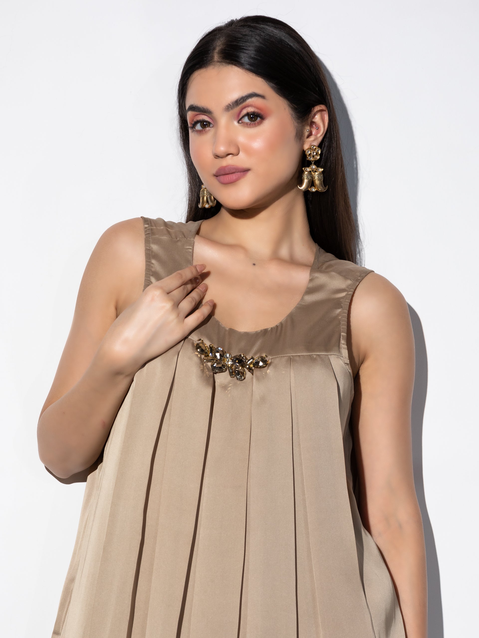 Women's Peanut Please Box Pleat Top Set with Glass Patch and Dhoti Pants 2 Piece Set | Straight Fit, Round Neck, Sleeveless, Dhoti Pants, Festive Wear, (Satin)