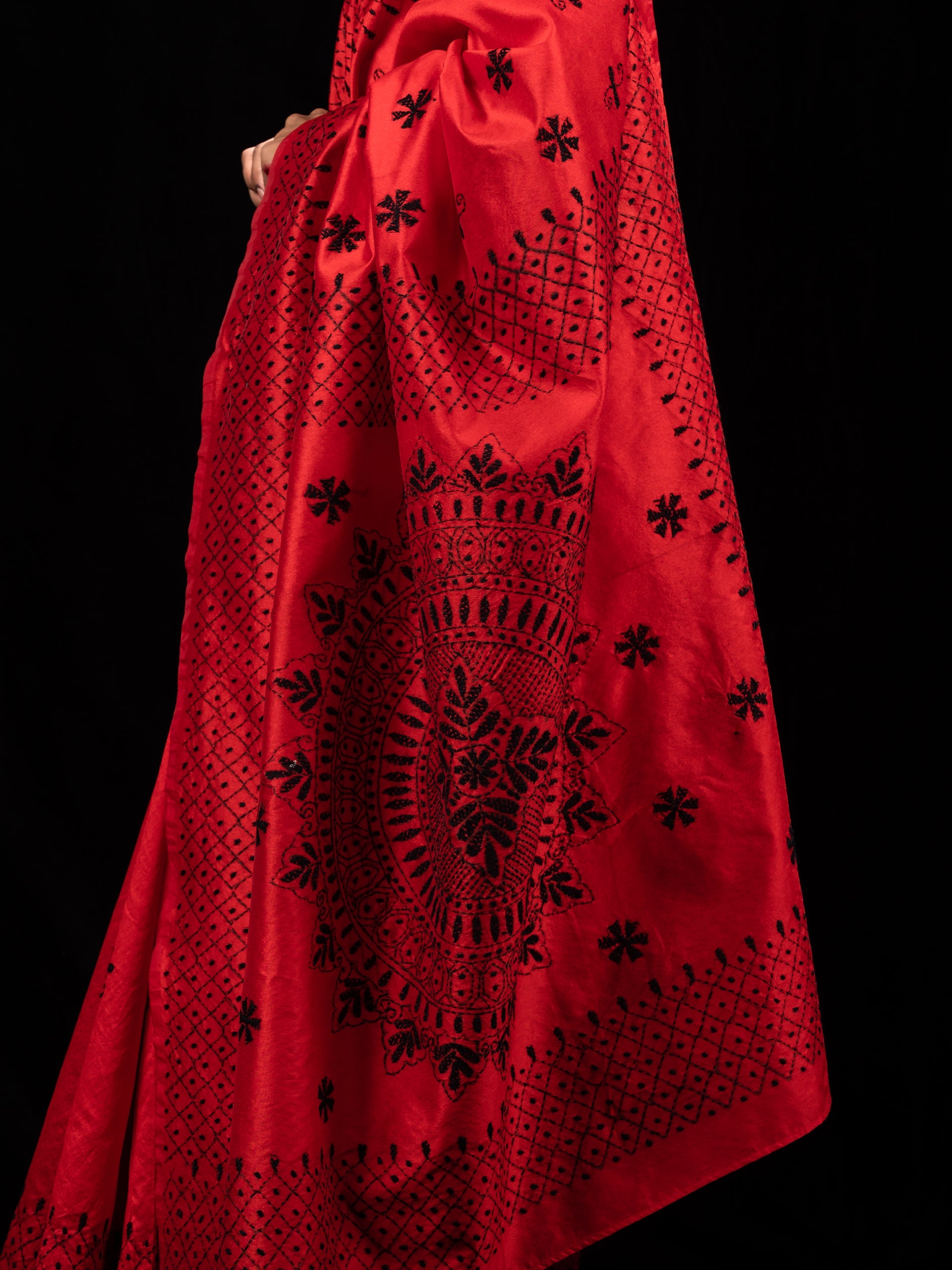 Red Cotton Saree with Black Hand Kantha stitch