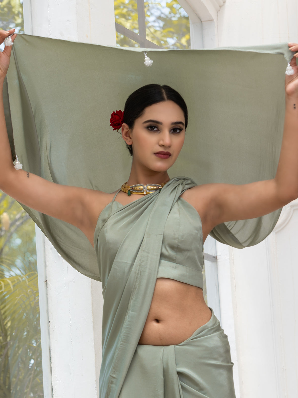 Sage crepe saree with silver pendants and blouse fabric — view 3