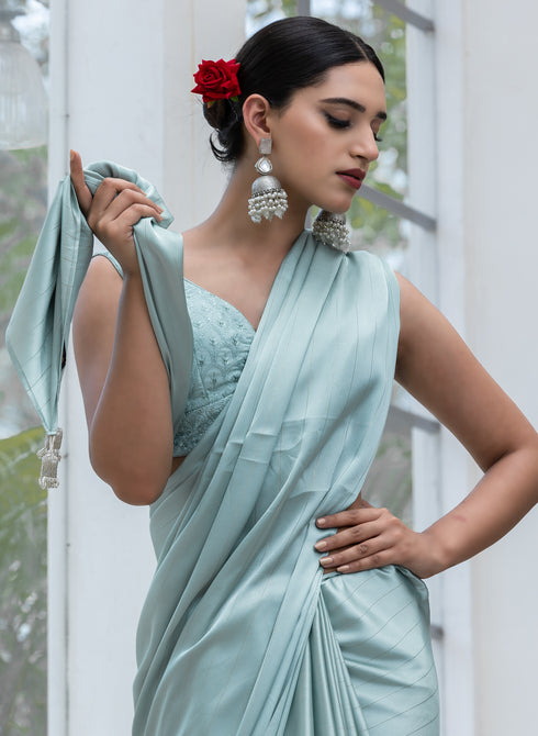 Sea Crystal Mint Green Satin Stripe Saree with Embroidered Blouse Fabric