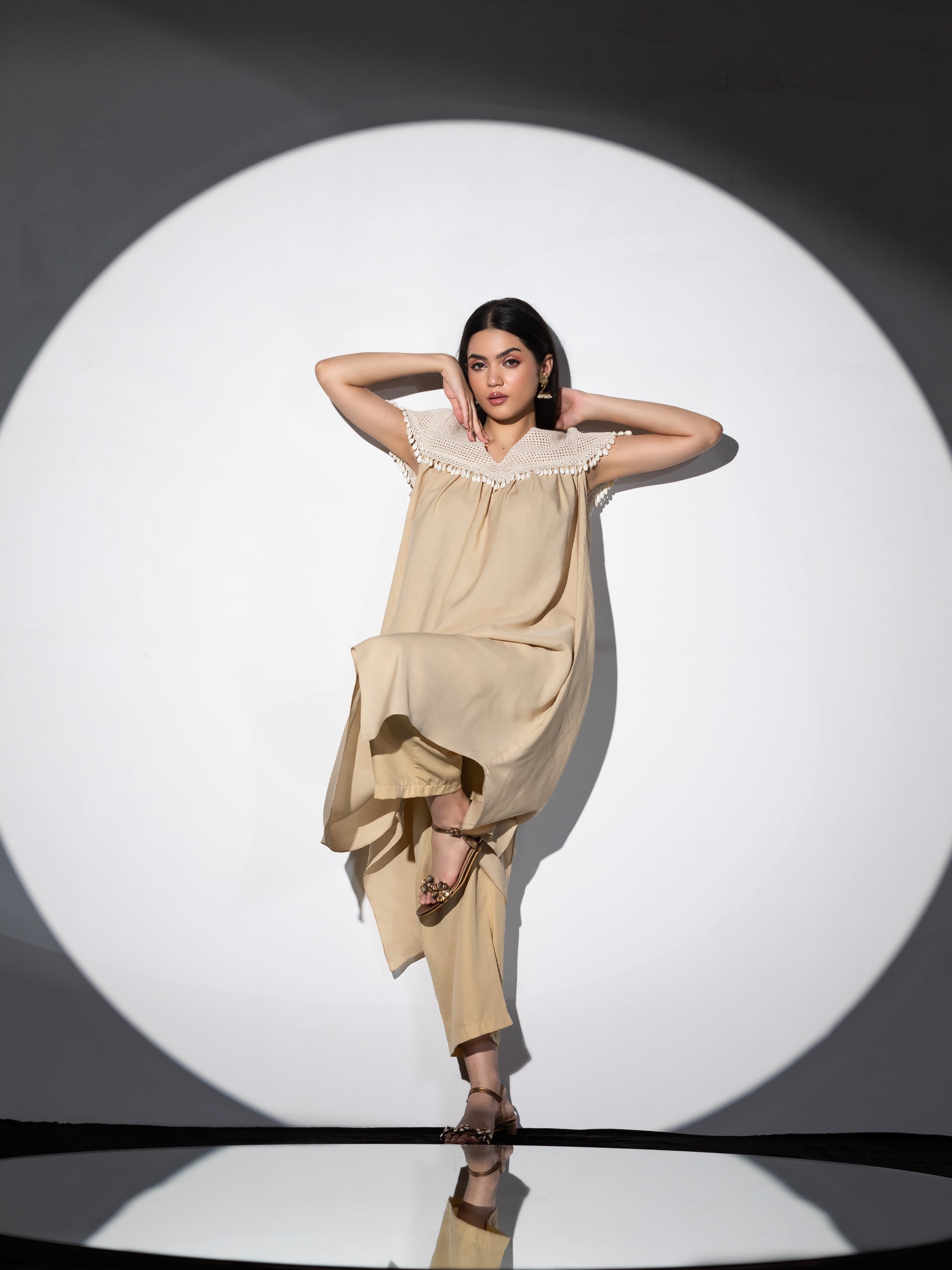 Women's Beige Crepe Top with Crochet Yoke and Cowri Lace 1 Piece | Straight Fit, V Neck, Sleeveless, Festive Wear, (Crepe)