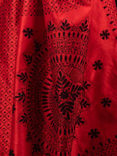 Red Cotton Saree with Black Hand Kantha stitch