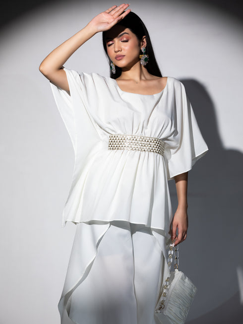 Women's Bree Cream Crepe Co-Ordinate Set with Gold Triangle Lace and Overlap Dhoti 2 Piece Set | Straight Fit, Round Neck, 3/4 Sleeves, Dhoti Pants, Festive Wear, (Crepe)