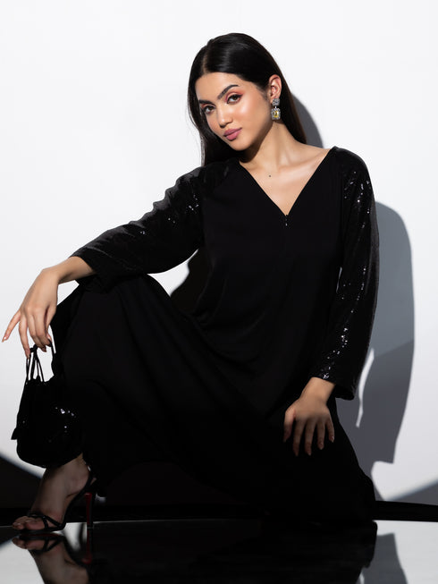 Women's Black Korean Coverall with Full Sequin Sleeves 1 Piece | Straight Fit, V Neck, Full Sleeves, Partywear, (Korean Fabric)