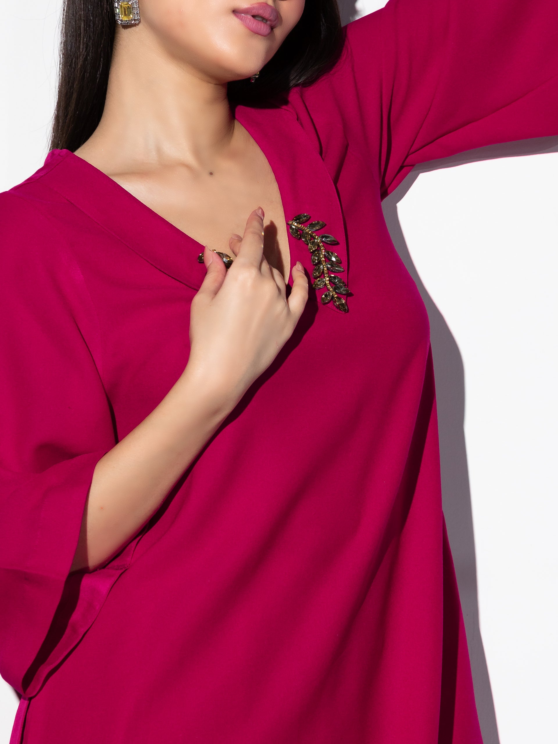 Women's Power Pink Korean Fabric Kurta Set with Glass Beads on Collar and Pants 2 Piece Set | Straight Fit, V Neck, 3/4 Sleeves, Pants, Festive Wear, (Korean Fabric)