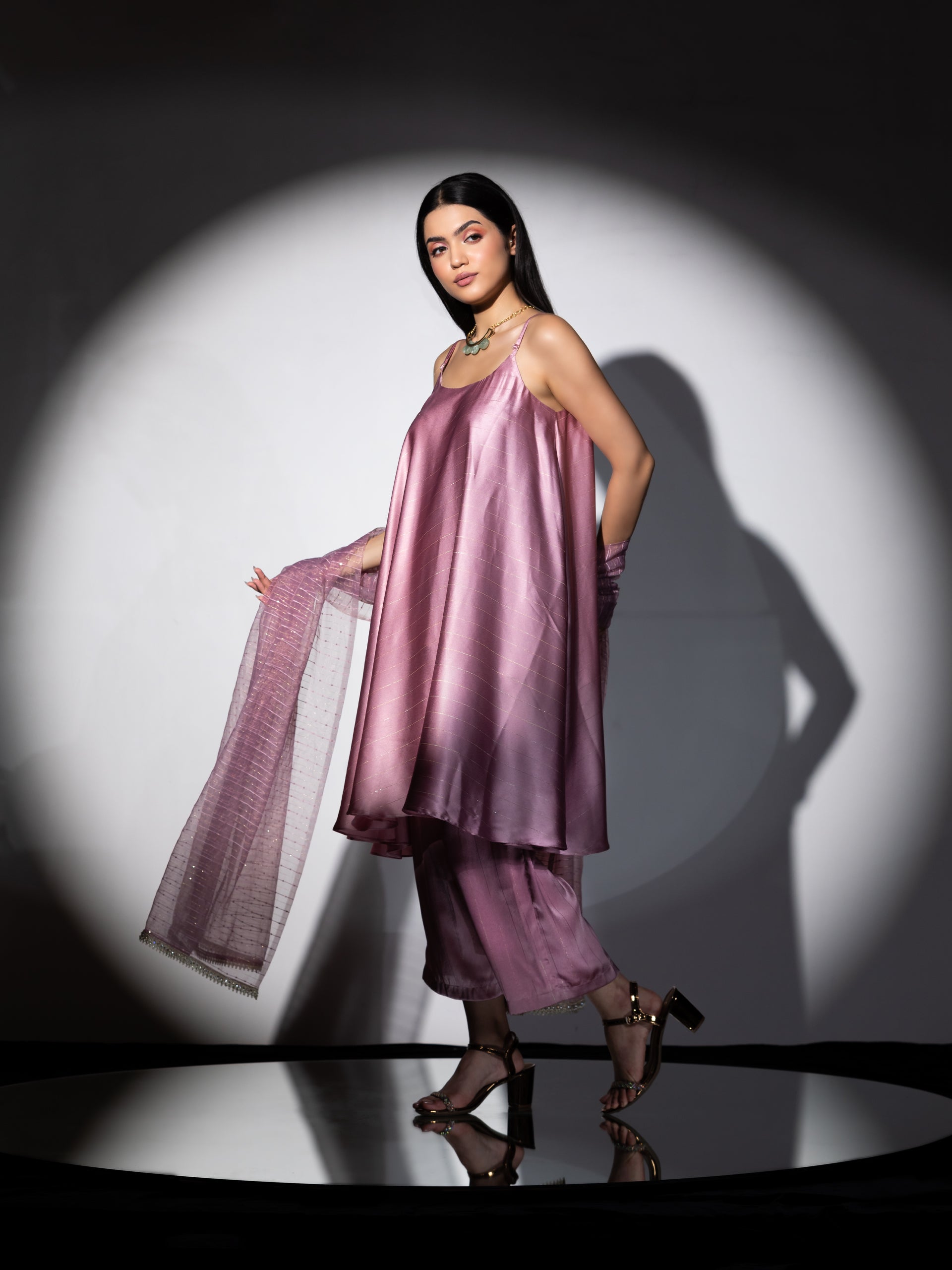Women's Pink Stripe Satin Dress Set with Pants and Organza Sparkle Dupatta with Lace 3 Piece Set | Straight Fit, Round Neck, Sleeveless, Pants, Festive Wear, (Satin)