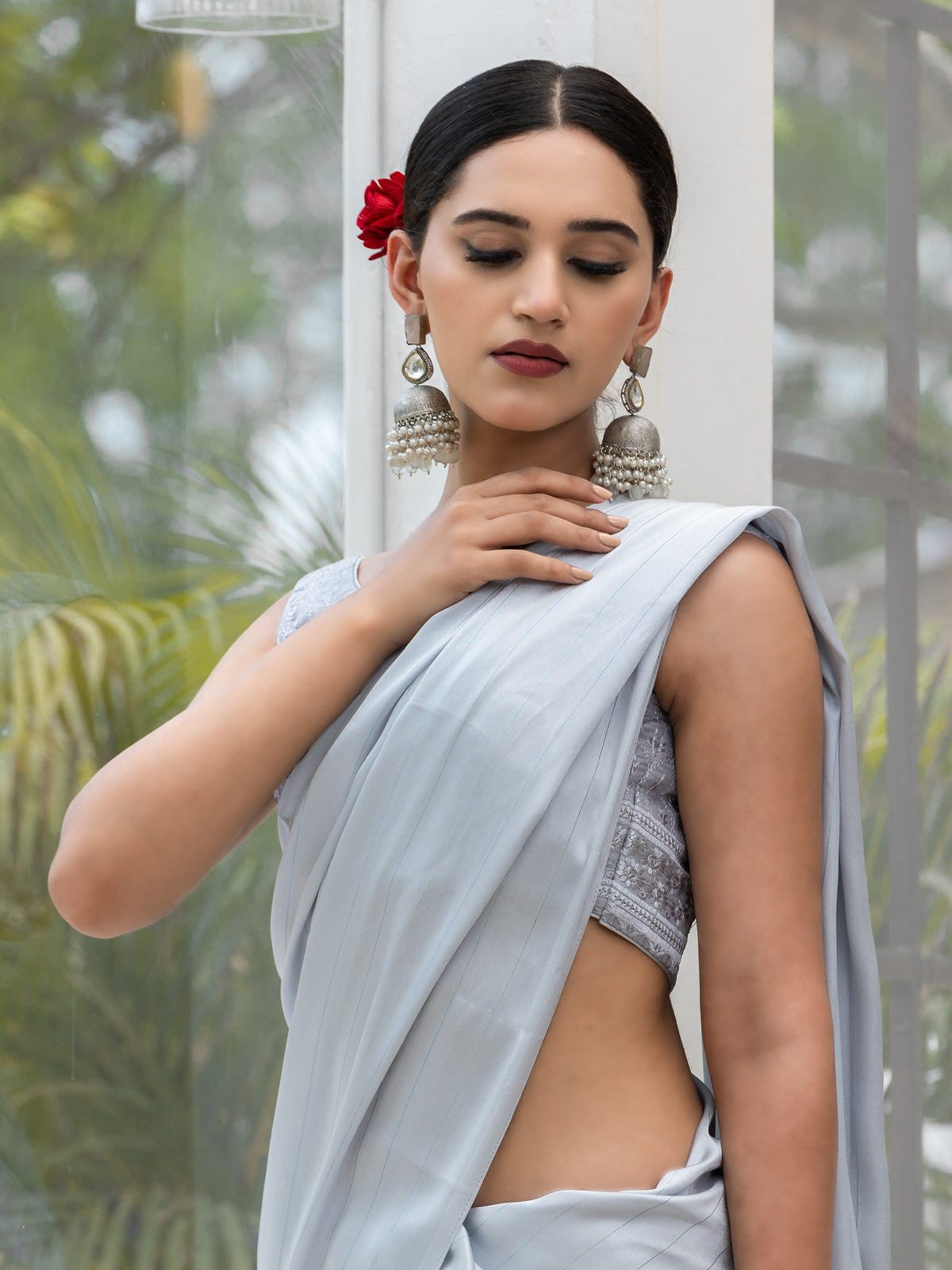Ice grey stripe satin saree with embroidered blouse fabric — view 7