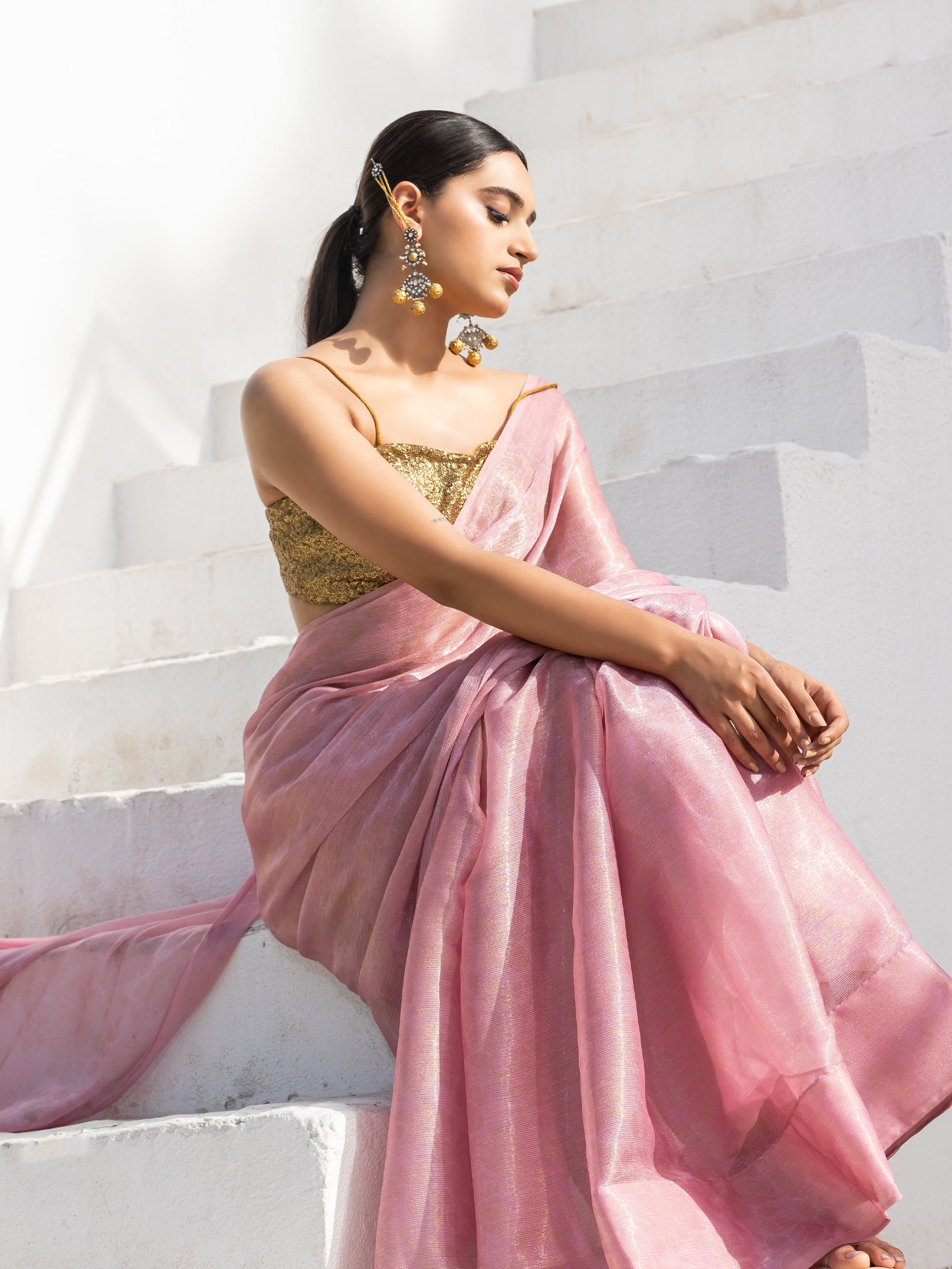 Pink with golden floral printed chiffon saree with pendants — view 3