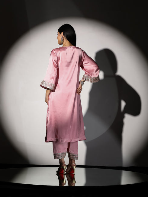 Women's Vision in Pink Satin Set with Gold Triangle on Sleeves and Easy Pants 2 Piece Set | Straight Fit, Round Neck, 3/4 Sleeves, Pants, Festive Wear, (Satin)