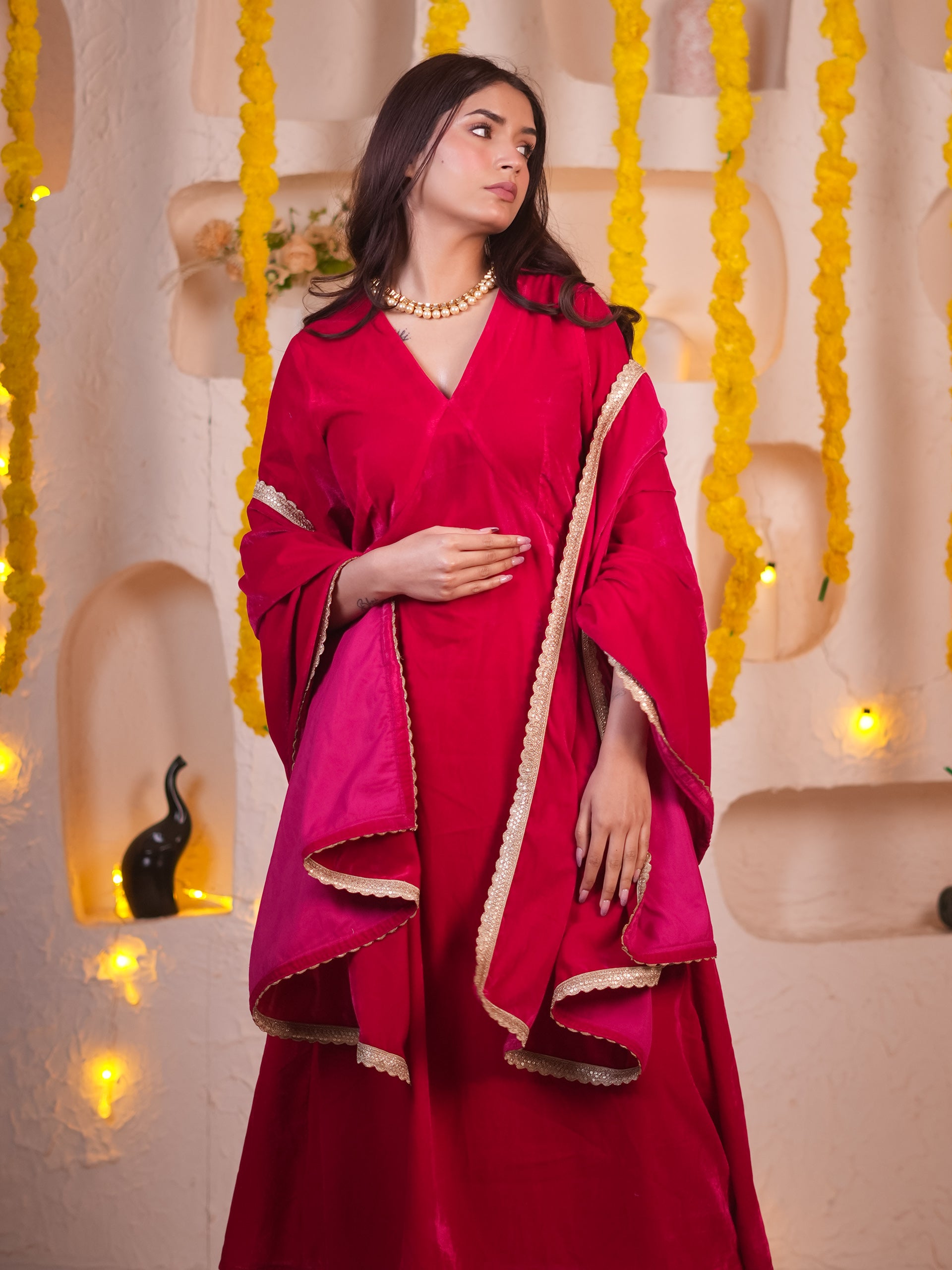 Women's Pink Velvet Kurta with Pants and Lace Dupatta 3 Piece Set | Straight Fit, V Neck, Full Sleeves, Pants, Festive Wear, (Velvet)