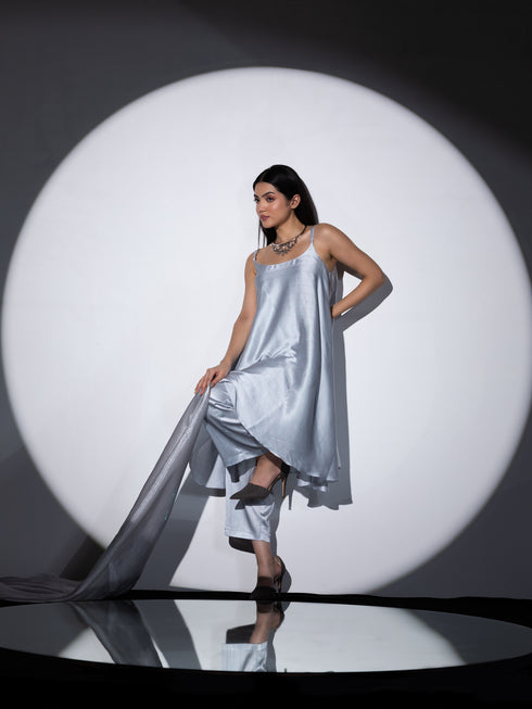 Women's Grey Stripe Satin Dress with Pants and Organza Chiffon Dupatta 3 Piece Set | Straight Fit, Round Neck, Sleeveless, Pants, Partywear, (Satin Chiffon)