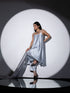 Women's Grey Stripe Satin Dress with Pants and Organza Chiffon Dupatta 3 Piece Set | Straight Fit, Round Neck, Sleeveless, Pants, Partywear, (Satin Chiffon)