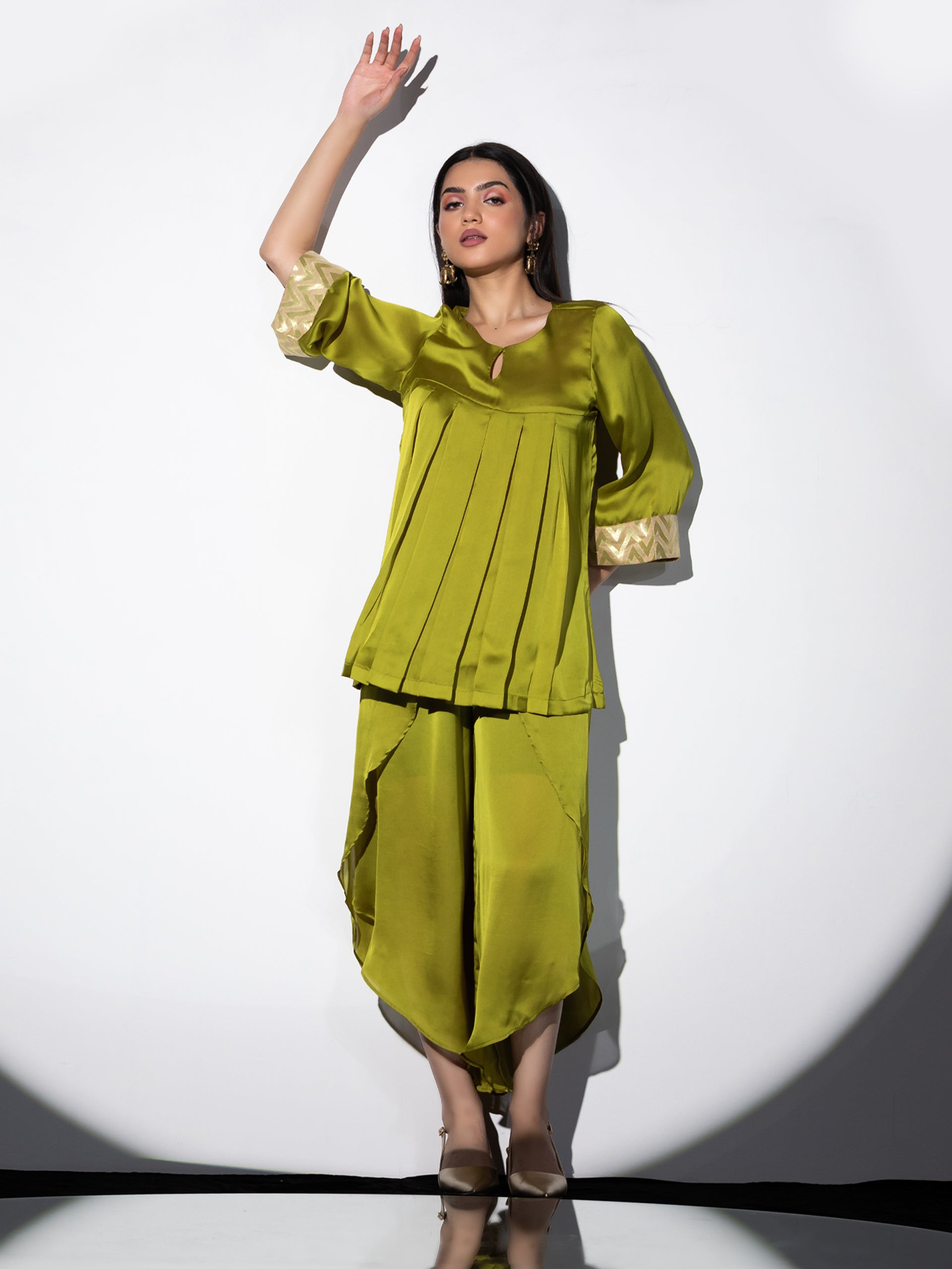 Women's Lilly Lime Satin Top Set with Stylish Wrap Pants 2 Piece Set | Straight Fit, Round Neck, Full Sleeves, Pants, Partywear, (Satin)