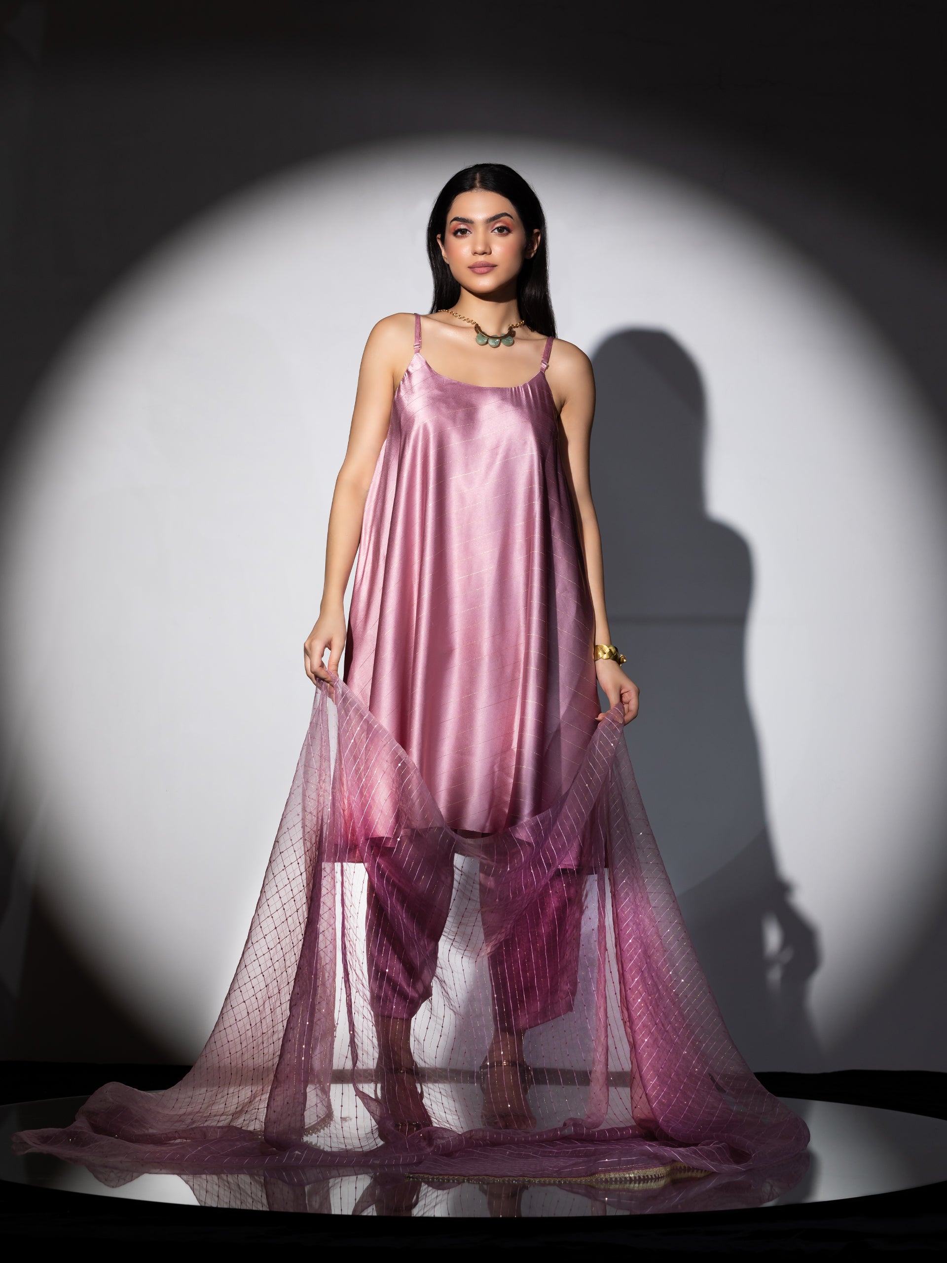 Women's Pink Stripe Satin Dress Set with Pants and Organza Sparkle Dupatta with Lace 3 Piece Set | Straight Fit, Round Neck, Sleeveless, Pants, Festive Wear, (Satin)