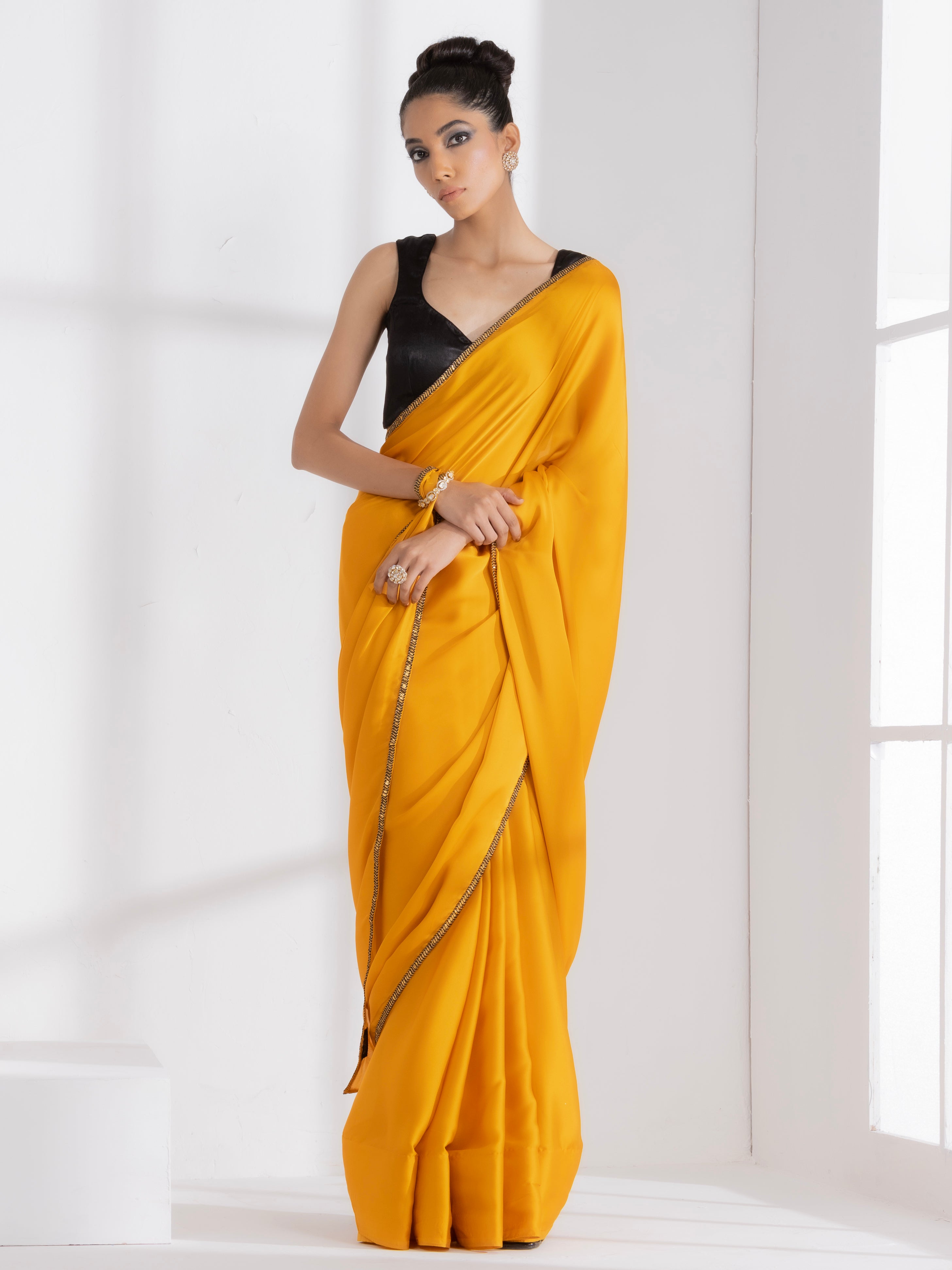 Golden Mustard Satin Saree with Lace