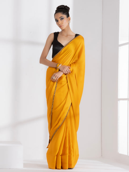 Golden Mustard Satin Saree with Lace
