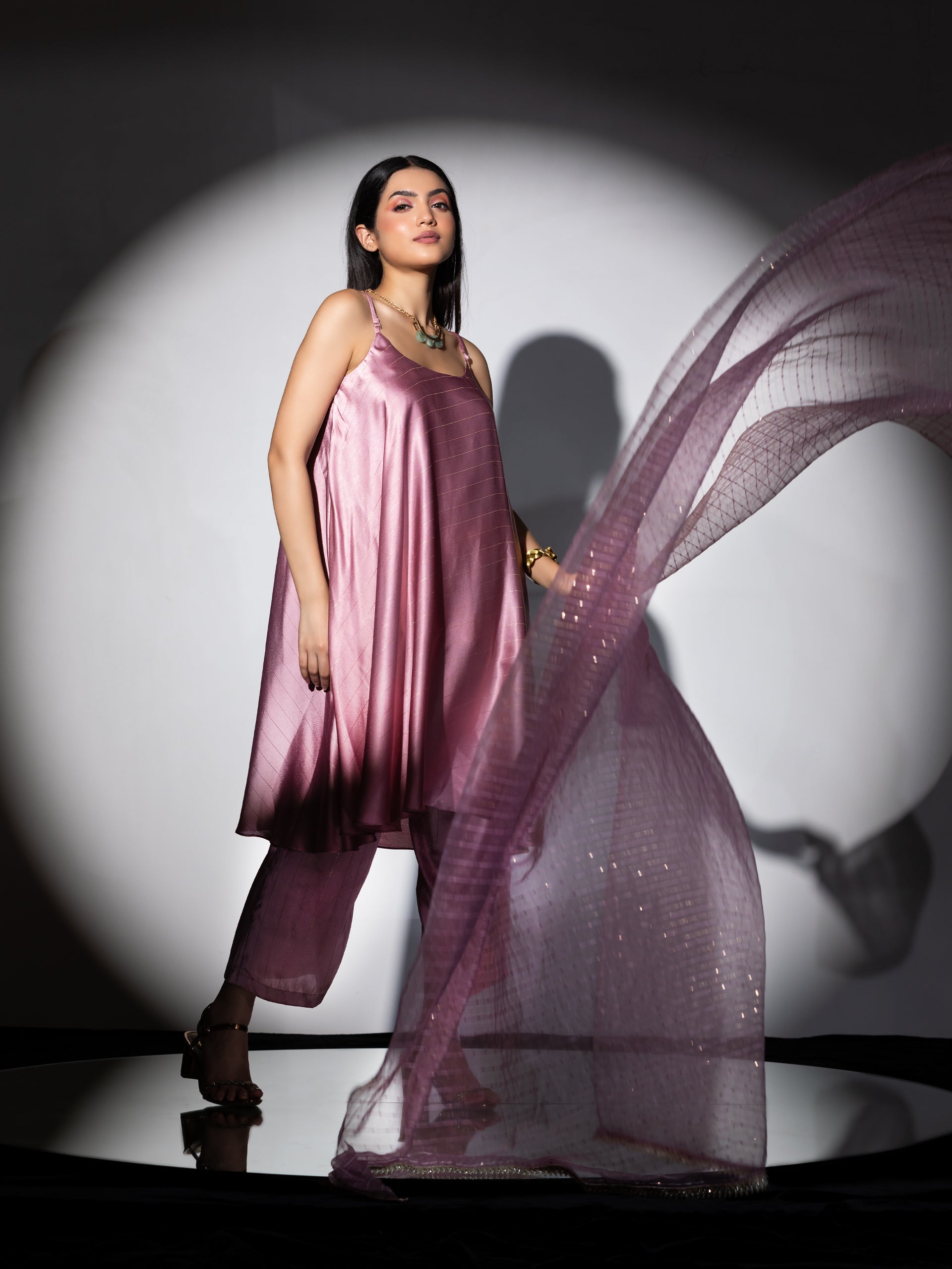Women's Pink Stripe Satin Dress Set with Pants and Organza Sparkle Dupatta with Lace 3 Piece Set | Straight Fit, Round Neck, Sleeveless, Pants, Festive Wear, (Satin)