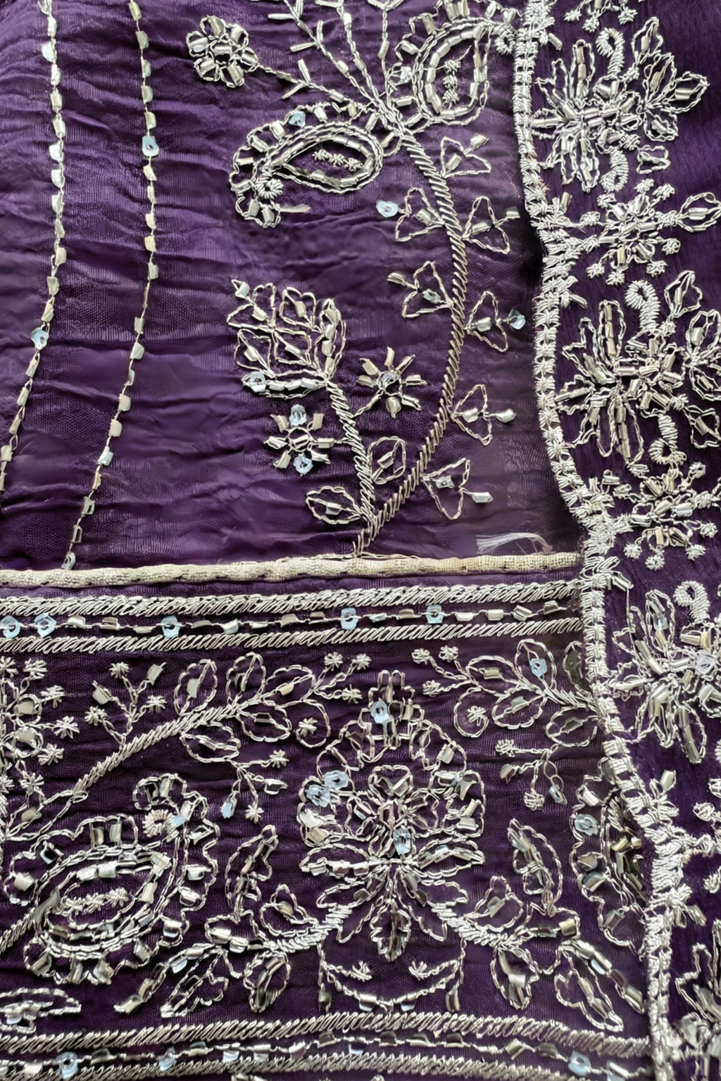 3 Pc Unstitched Suit - Chiffon Purple hand Embroidered Beaded Kurta with Lining ,Dupatta and Bottom
