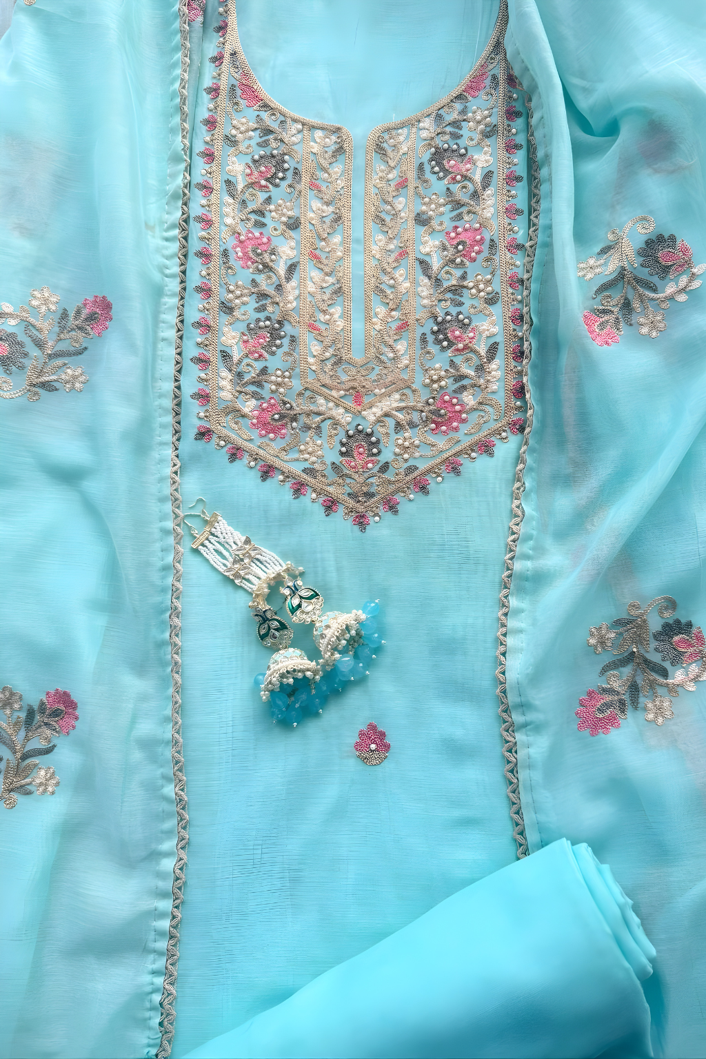 3 Pc Unstitched Suit - Mul Light Blue Kashmiri Embroidery Kurta with Beads , Embroidered Dupatta and Bottom