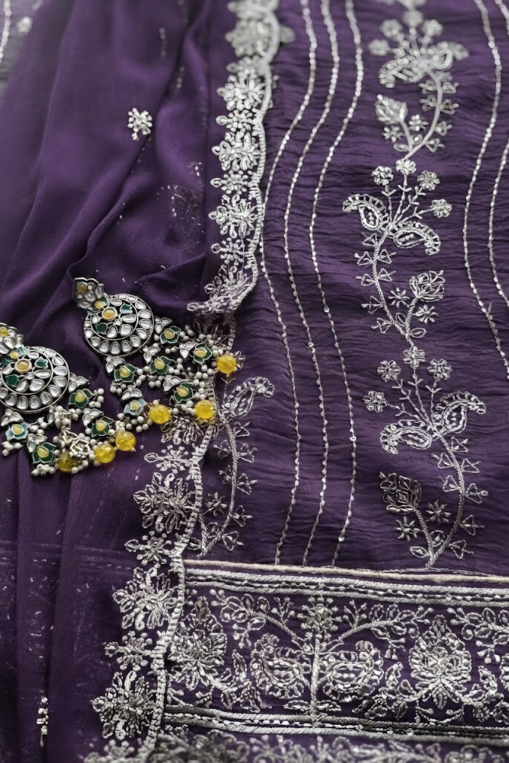 3 Pc Unstitched Suit - Chiffon Purple hand Embroidered Beaded Kurta with Lining ,Dupatta and Bottom