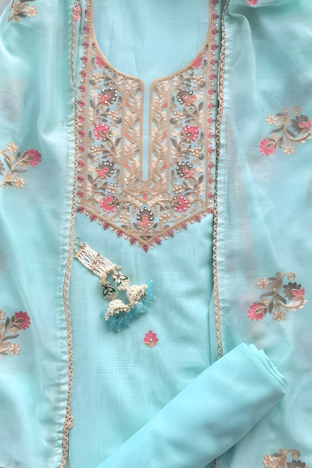 3 Pc Unstitched Suit - Mul Light Blue Kashmiri Embroidery Kurta with Beads , Embroidered Dupatta and Bottom