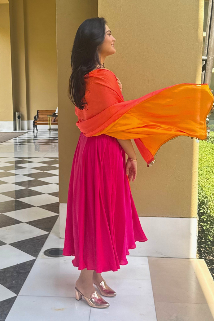 3 pc Suit Set - Fuchsia Dual Satin Sleeveless Anarkali Suit with Pink Orange Dupatta and Pants