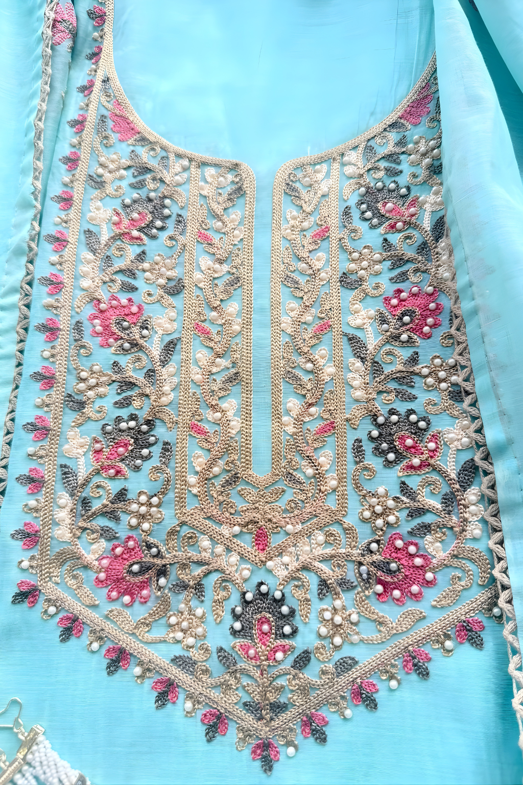 3 Pc Unstitched Suit - Mul Light Blue Kashmiri Embroidery Kurta with Beads , Embroidered Dupatta and Bottom