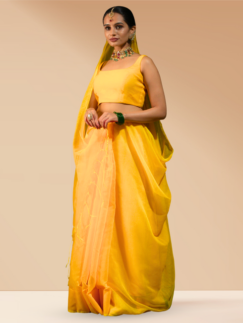 Yellow Sequin Cotton Saree With Blouse Fabric