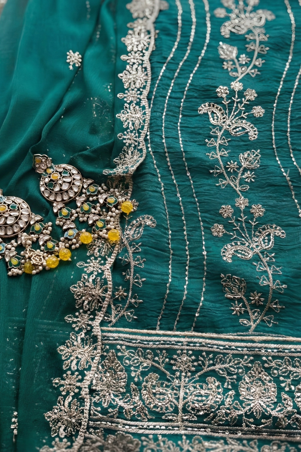 3 Pc Unstitched Suit - Chiffon Turq hand Embroidered Beaded Kurta with Lining ,Dupatta and Bottom