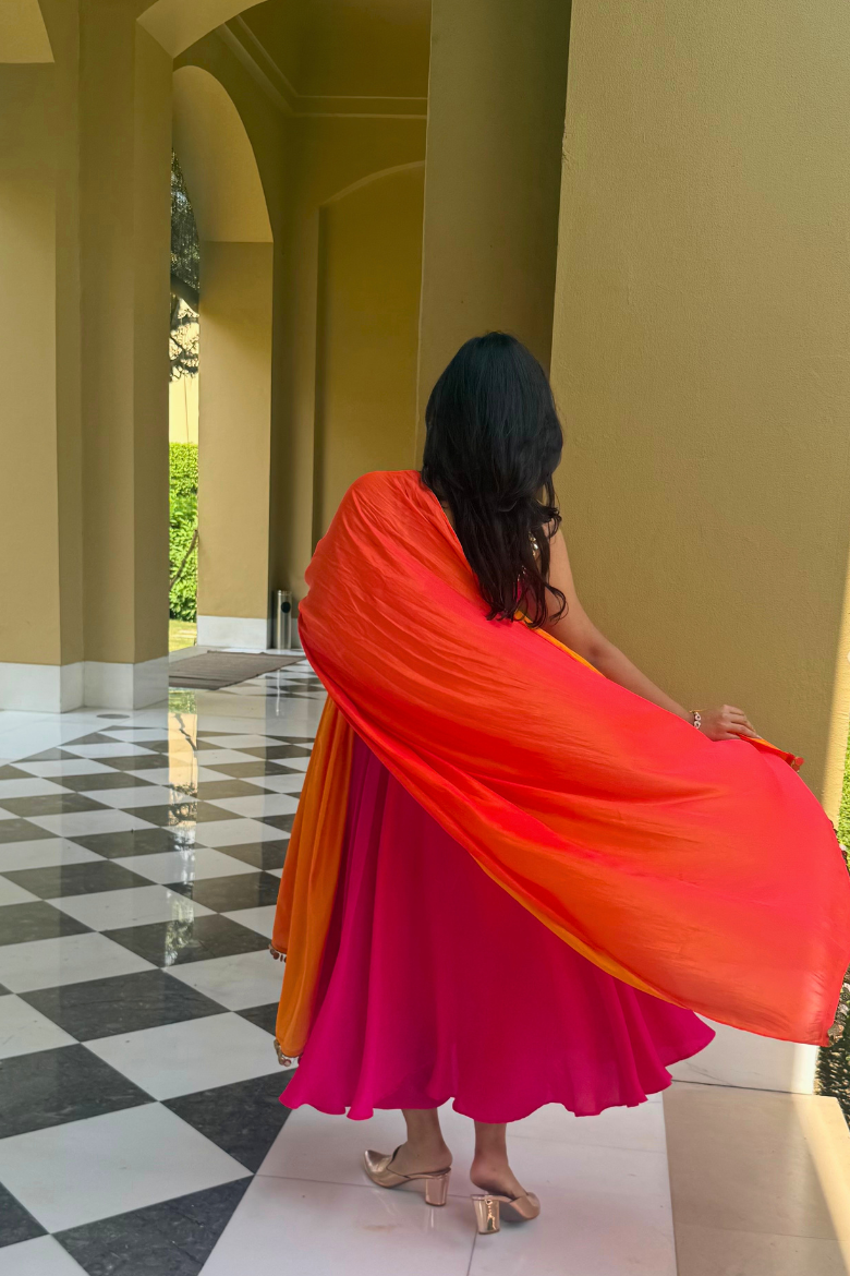 3 pc Suit Set - Fuchsia Dual Satin Sleeveless Anarkali Suit with Pink Orange Dupatta and Pants