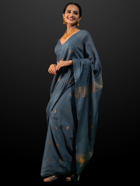 Tanvi Grey Soft Silk Blend Bhagalpur Saree with Blouse Fabric