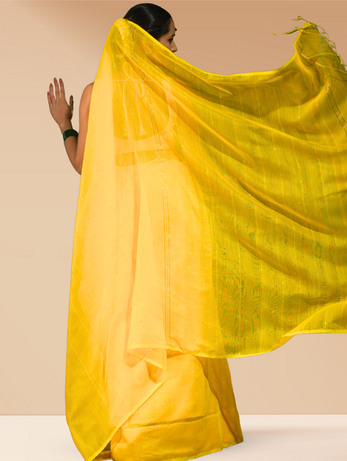 Yellow Sequin Cotton Saree With Blouse Fabric