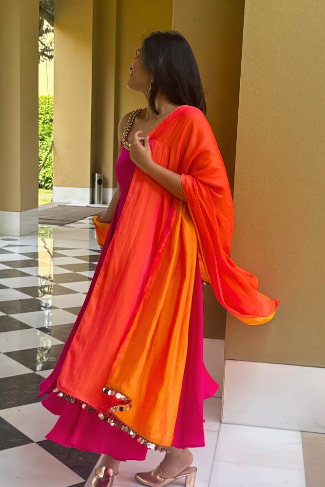 3 pc Suit Set - Fuchsia Dual Satin Sleeveless Anarkali Suit with Pink Orange Dupatta and Pants