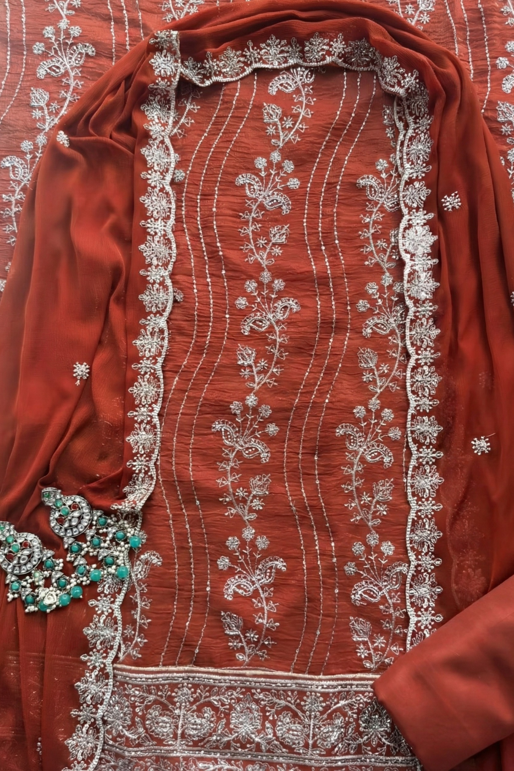 3 Pc Unstitched Suit - Chiffon Tangerine hand Embroidered Beaded Kurta with Lining ,Dupatta and Bottom