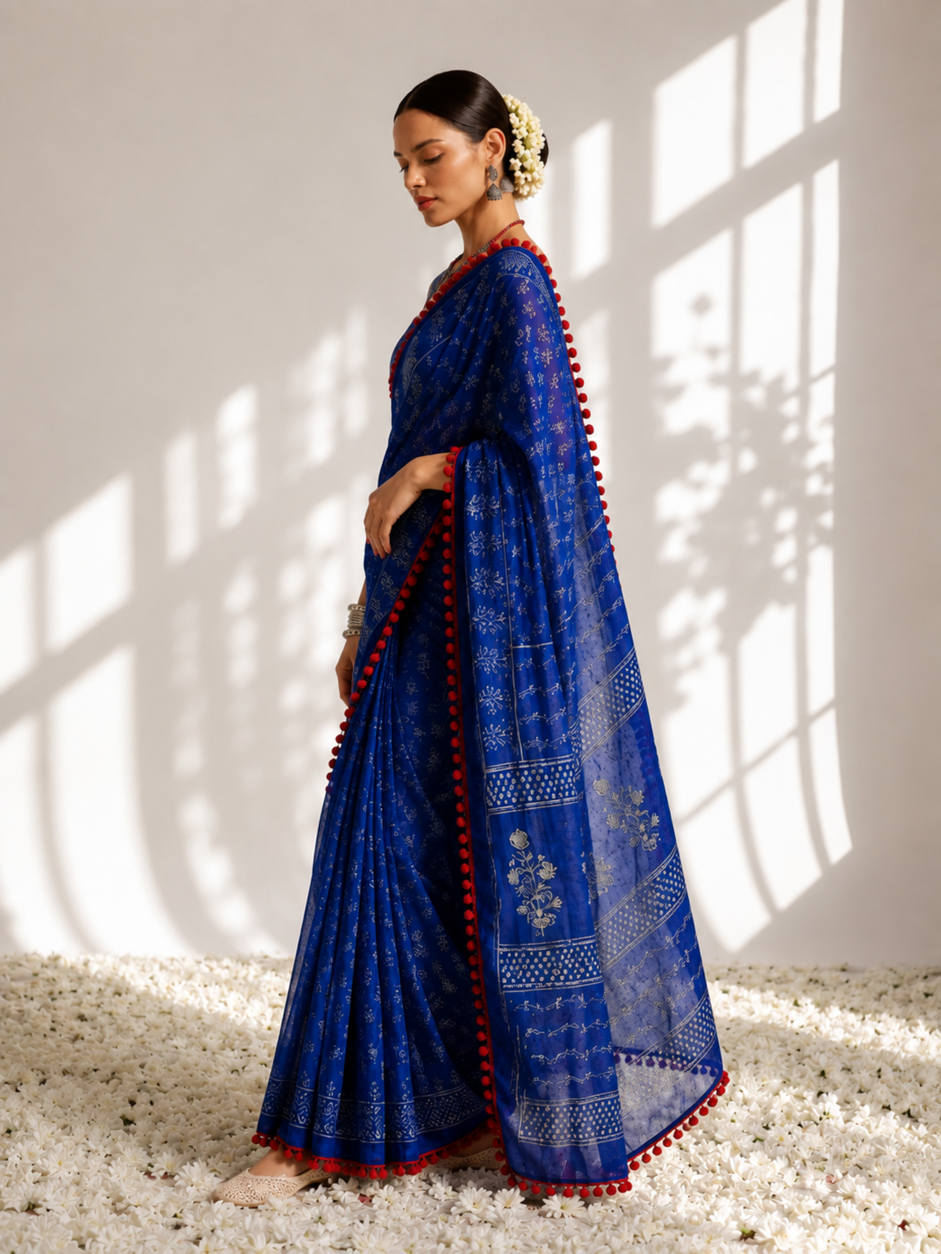 Indigo Hand Block Printed Saree with Red Lace and Blouse Fabric