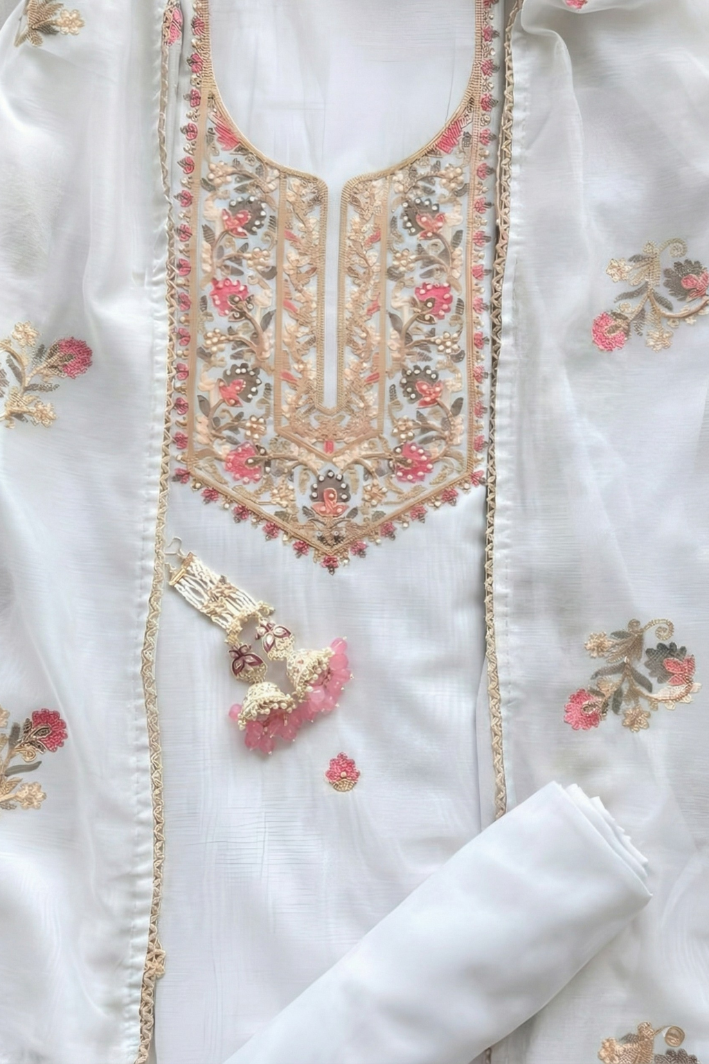 3 Pc Unstitched Suit - Mul White Kashmiri Embroidery Kurta with Beads , Embroidered Dupatta and Bottom