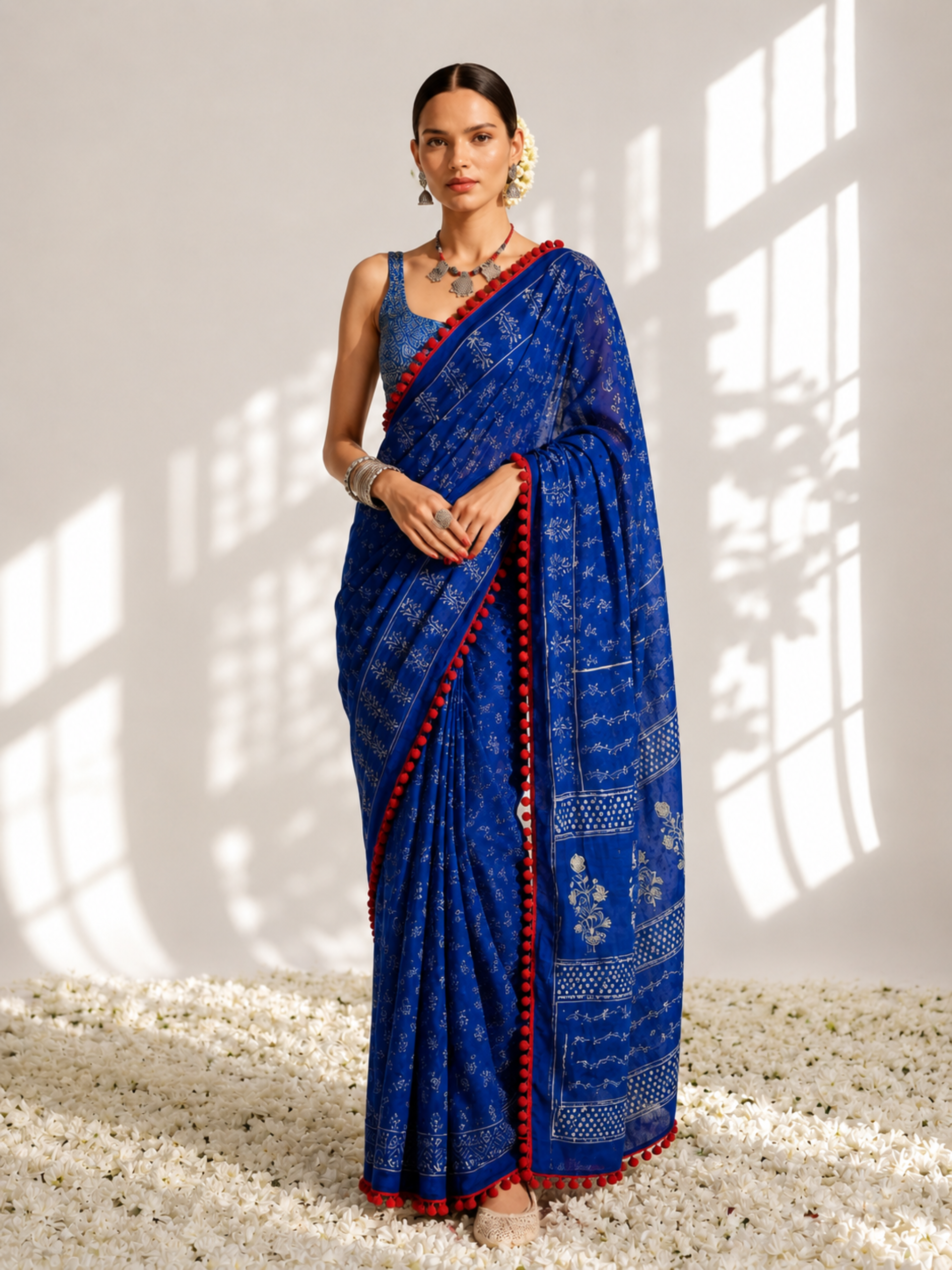 Indigo Hand Block Printed Saree with Red Lace and Blouse Fabric