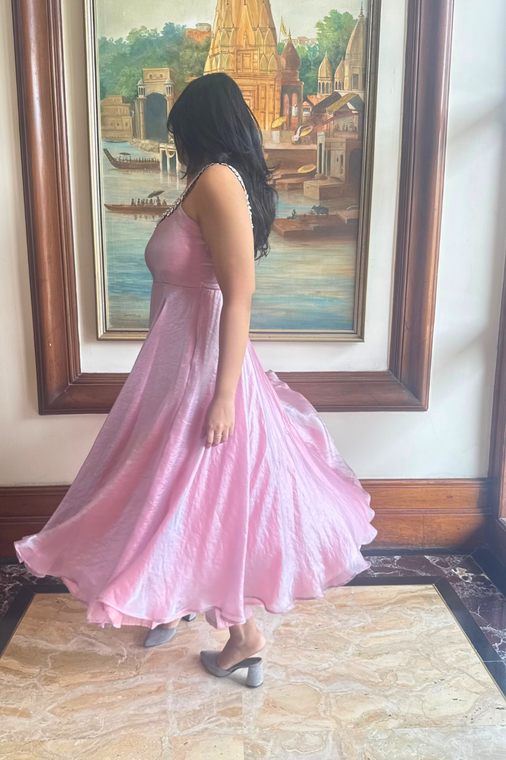 3 pc Suit - Pink Blue Metallic Sleeveless Anarkali with Glass Trim