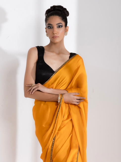Golden Mustard Satin Saree with Lace