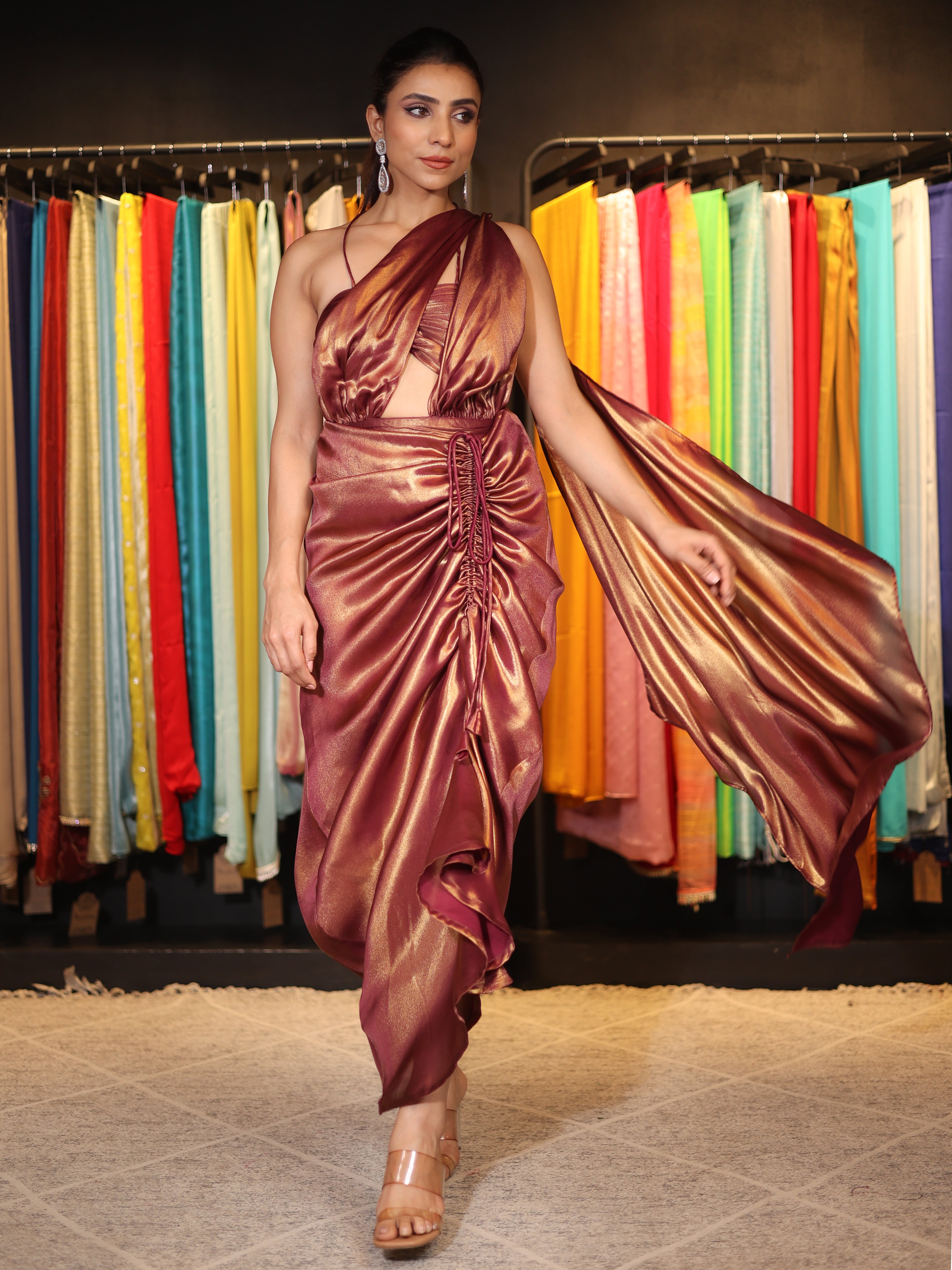 2 pc SET - Avant-Garde Wine Gold Pre-Draped Saree with Blouse