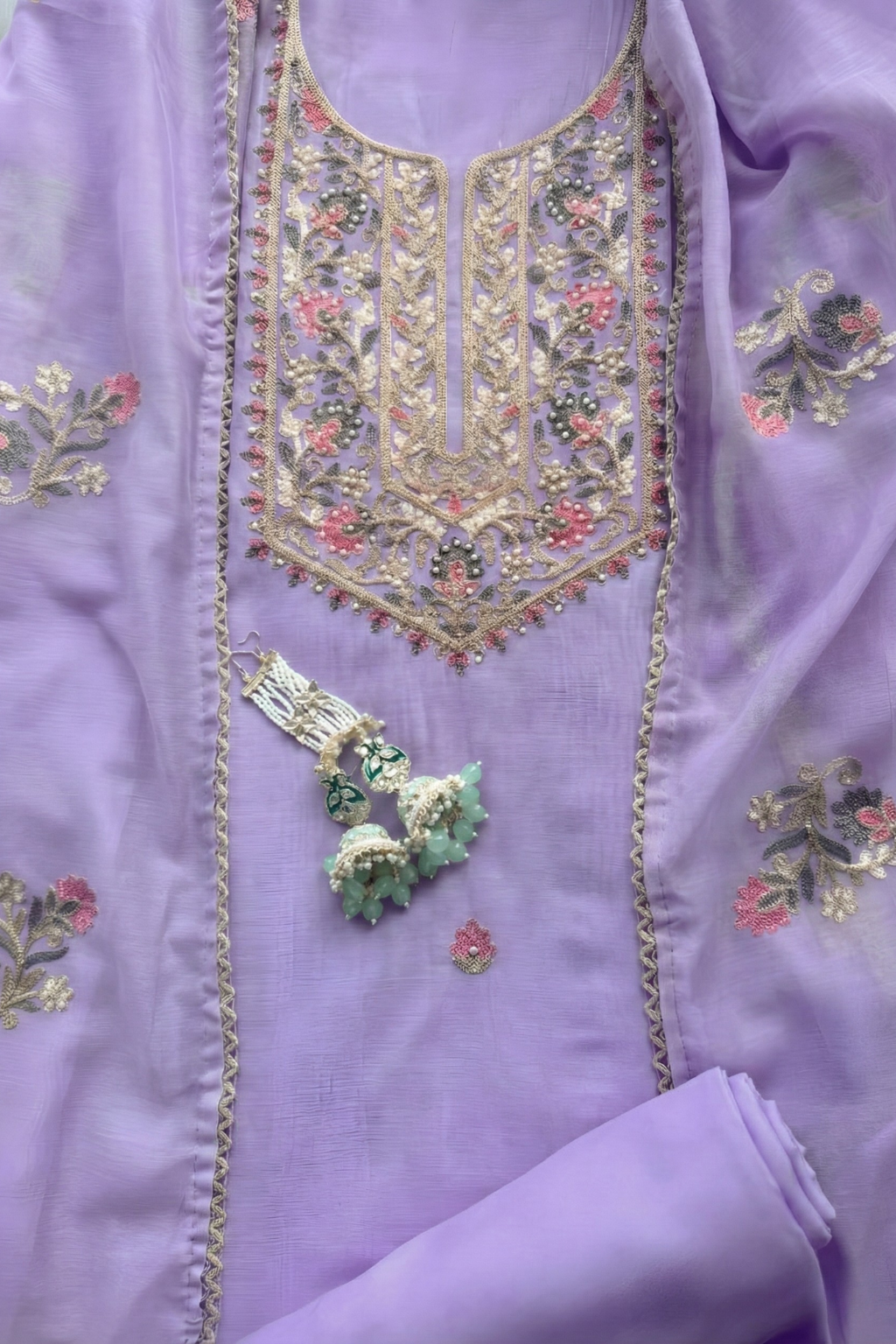 3 Pc Unstitched Suit - Mul Lilac Kashmiri Embroidery Kurta with Beads , Embroidered Dupatta and Bottom