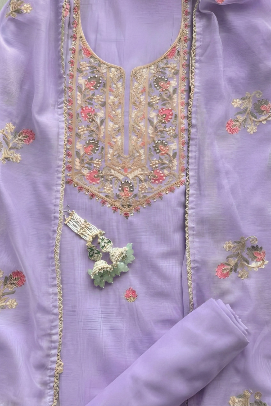 3 Pc Unstitched Suit - Mul Lilac Kashmiri Embroidery Kurta with Beads , Embroidered Dupatta and Bottom