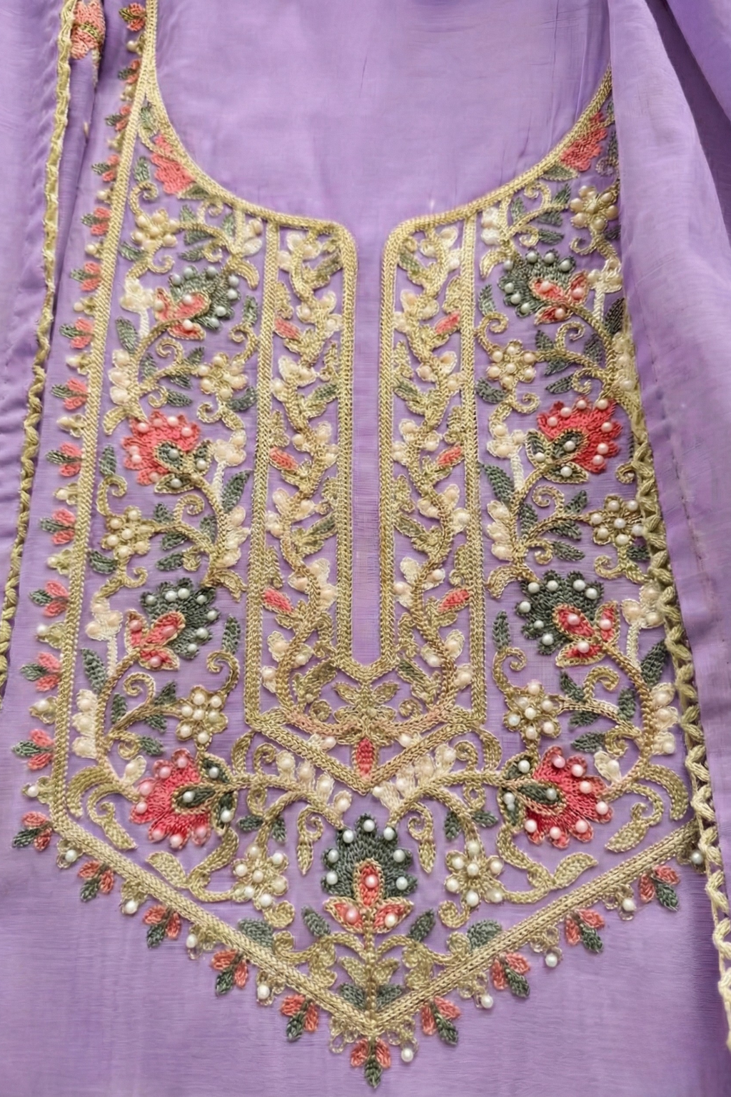 3 Pc Unstitched Suit - Mul Lilac Kashmiri Embroidery Kurta with Beads , Embroidered Dupatta and Bottom