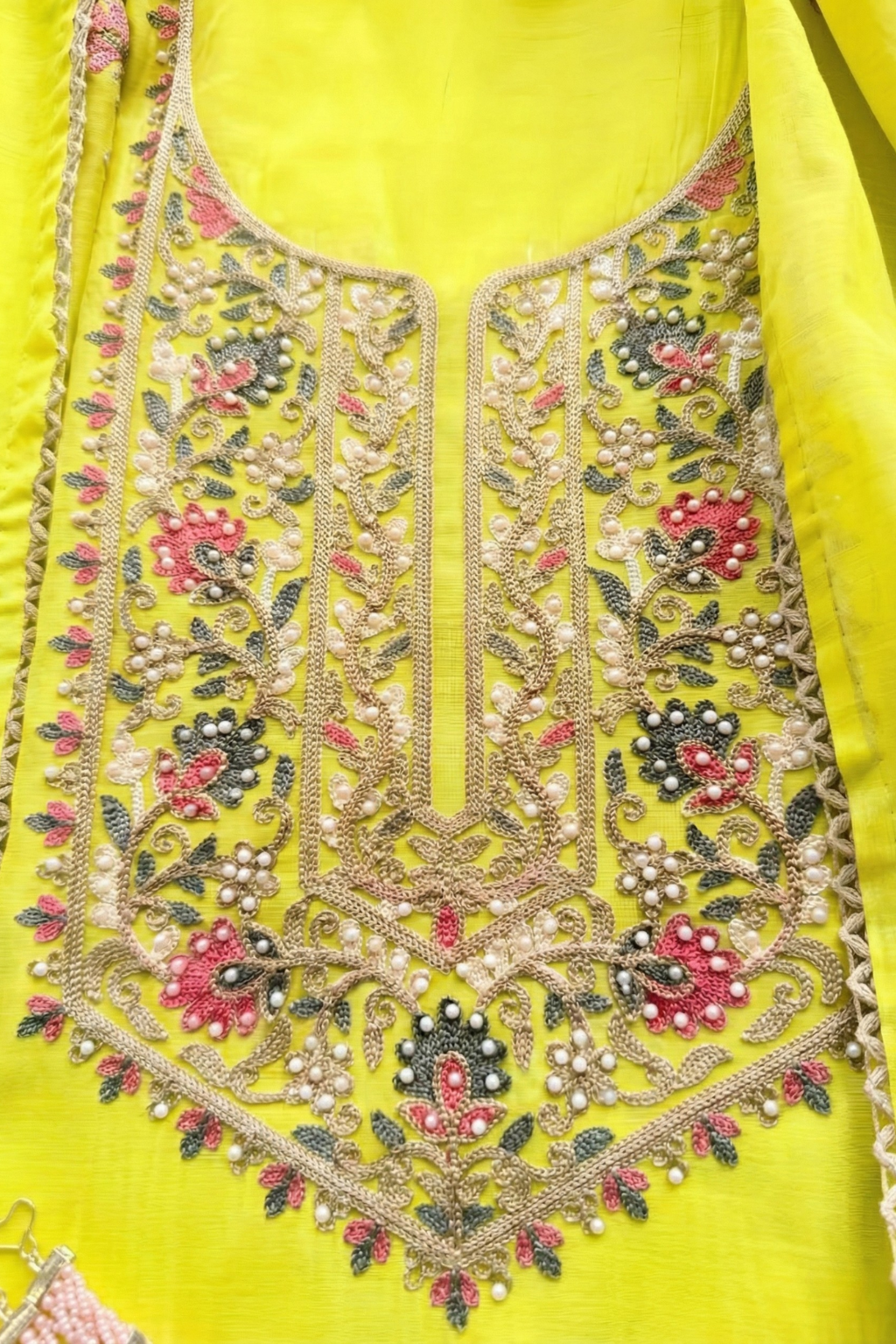 3 Pc Unstitched Suit - Mul Yellow Kashmiri Embroidery Kurta with Beads , Embroidered Dupatta and Bottom