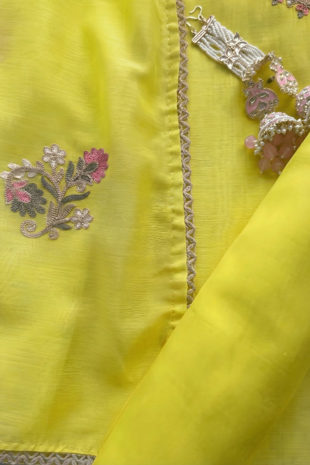 3 Pc Unstitched Suit - Mul Yellow Kashmiri Embroidery Kurta with Beads , Embroidered Dupatta and Bottom