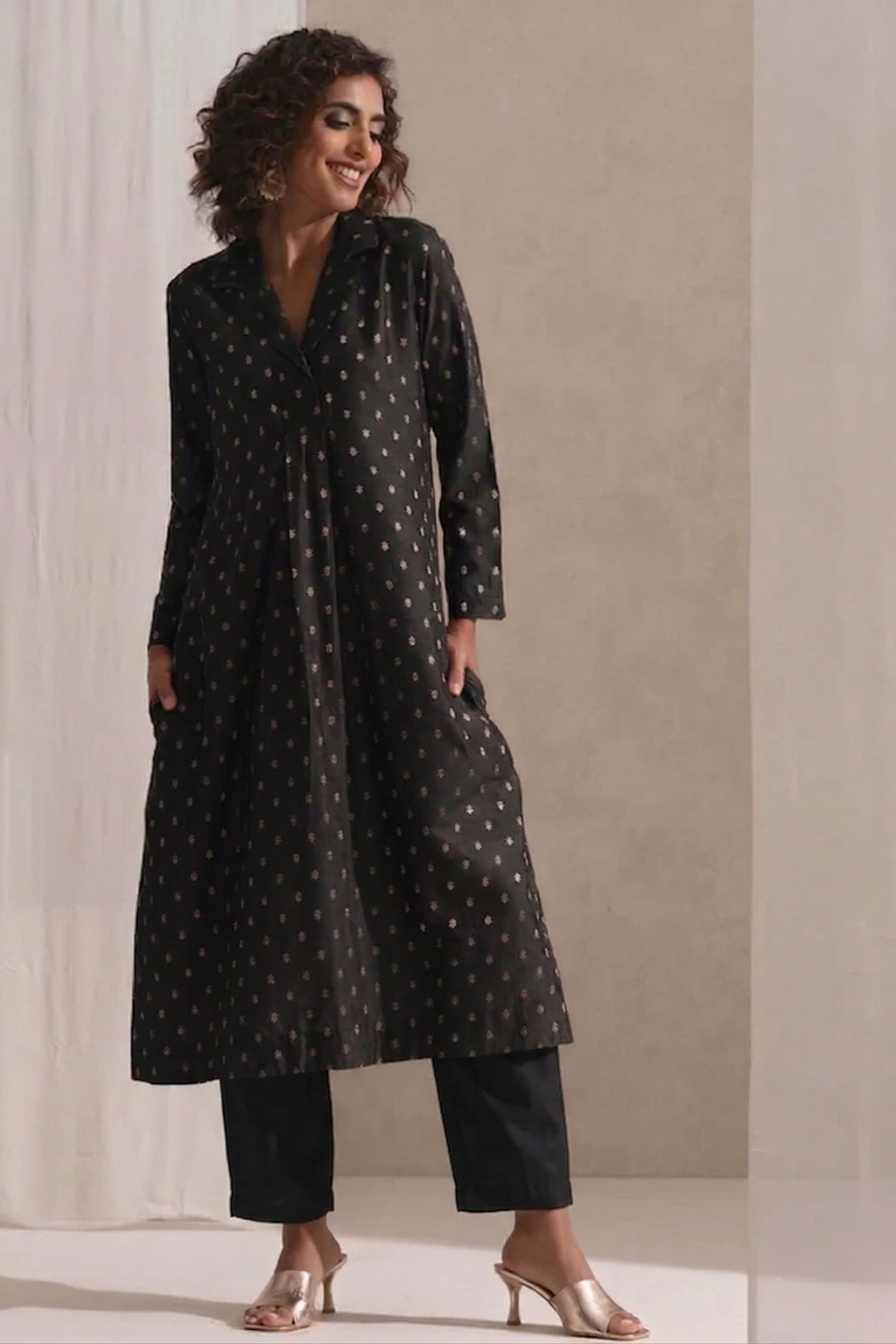 Black Banarasi Viscose Silk Collared Kurta with Pants